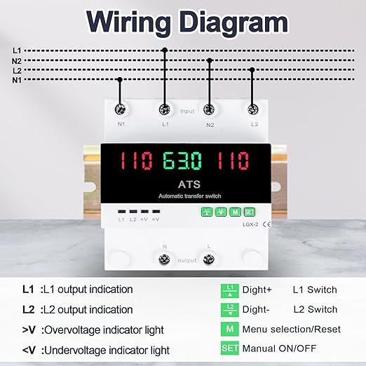 63A 110V Automatic/Manual Transfer Switch, DIN Rail Mount 110V for Generator Backup Power & Gas Furnace, 50/60Hz, LED Display, CE Certified