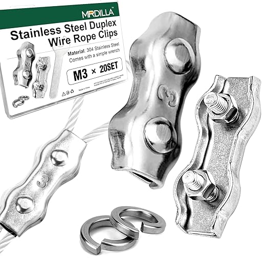 20 Pack Wire Rope Clips for 1.5-3mm Cable, M3 Stainless Steel Double Rope Clamp with Washers and Wrench
