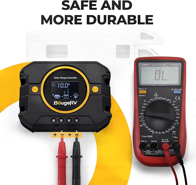 BougeRV Li 10A PWM Solar Charge Controller 12V 24V, Solar Panel Regulator w/ Backlit Display, USB Port, Adjustable Parameter, for Lithium, AGM, SLD, Gel Battery, for RV, Off-Gird, Negative Ground