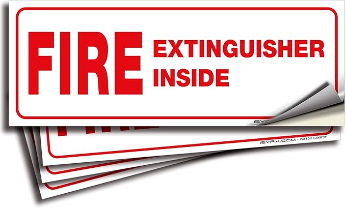 iSYFIX Fire Extinguisher Inside Signs Stickers – 4 Pack 8x3 Inch – Self-Adhesive Vinyl Decals, Laminated for UV, Weather, Scratch, Fade Resistance, for Cars, Trailers, Rv's, Trucks and Vehicles