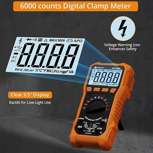 Neoteck 6000 Counts Digital Multimeter for DC AC Voltage/Current TRMS Voltmeter with Test Probe Auto Range Multimeter with NCV Live for Temperature Capacitance Resistance Diode Continuity-Orange
