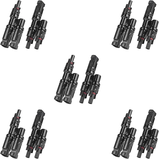 Solar Panel Connector 5 Pair 2 to 1 T Branch Parallel Adapter, 30A 1000V 10AWG Tool-Free IP68 Waterproof Cable for Solar Panels (T Branch, 2to1(5Pairs))