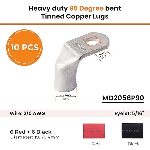 SELTERM 10pcs - 2/0 AWG 5/16" Stud 90° Bent Battery Lugs- Ring Terminal Connectors with 12pcs 3:1 Black & Red 3/4" Heat Shrink Tubing - Heavy Duty Battery Cable Ends - Tinned Copper Wire Connector Kit