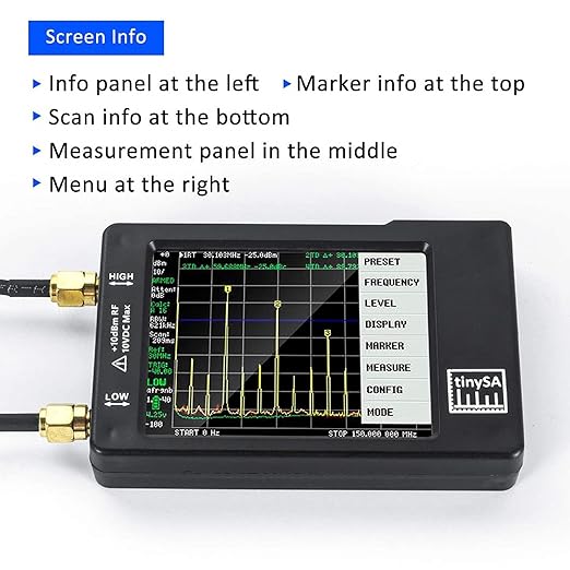 Portable Tinysa Spectrum Analyzer, AURSINC V0.3.1 Handheld Frequency Analyzer, Signal Generator 100kHz to 960MHz MF/HF/VHF UHF Input ESD Protected Function with 2.8 inch Touchscreen
