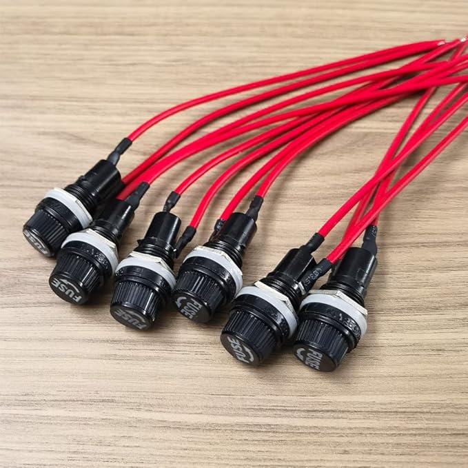 Pre-Wired Panel Mounted Screw Cap Fuse Holder - 6pcs, 5 x 20mm, AC 10A 250V, Black