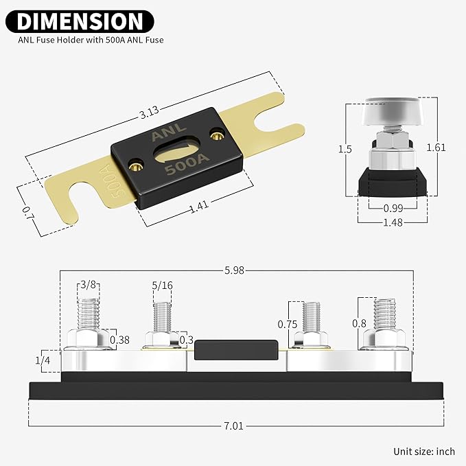 DaierTek 500 Amp ANL Fuse Block with 500A ANL Fuse Max 750A for Truck Automotive Marine