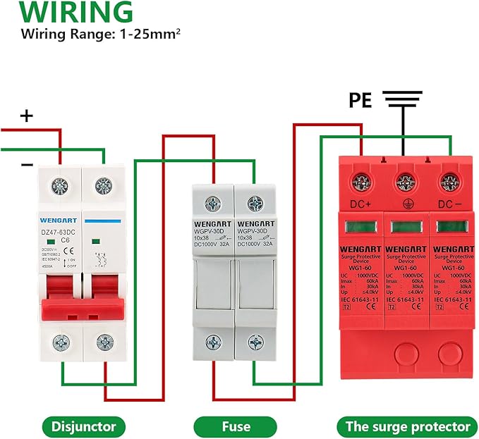 Wengart 1000V DC Surge Protective Device, 3-Pole 30-60kA Lightning Arrester, 36mm DIN Rail Mount, High-Voltage SPD for Solar PV Systems, Inverters & Off-Grid Power Distribution