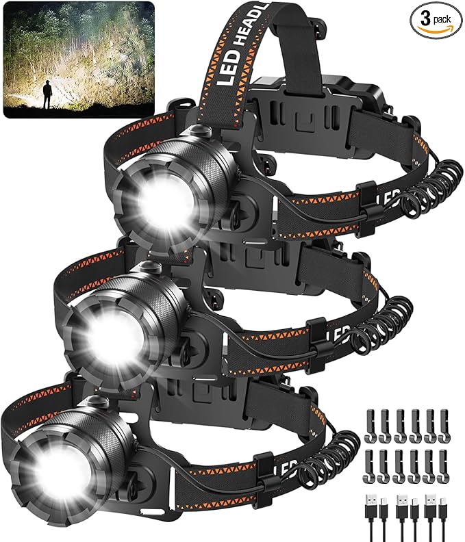 KYEKIO 3Pack Rechargeable Headlamps for Adults, 3000 Super Bright Head Lamps LED Rechargeable, 4Mode Head Lights for Forehead Hard Hat, Adjustable Focus 90°Headlight, Waterproof LED Headlamp Camping