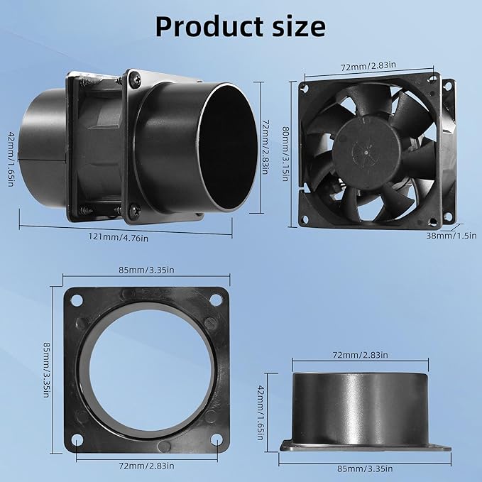 3.15” 12V DC Small Exhaust Duct Fan with Speed Control and 2-Pack 3" Square to Round Duct Flanges for Solder Fume Extractor, Laser Engraver, 3D Printer, Soldering Smoke and DIY Cooling