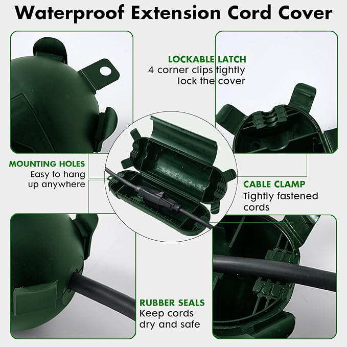 2 Pack Outdoor Extension Cord Cover IP44 Waterproof, Weatherproof Extension Cord Protector Box for Outdoor Plug & Outlet, Ideal for Christmas Lights, Garden Tools, Patio, Green