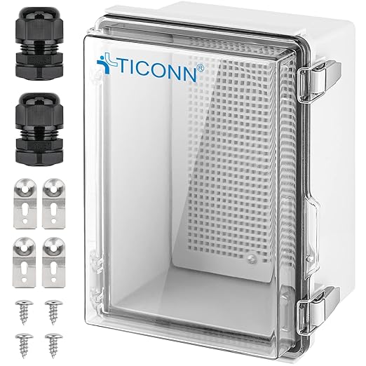 TICONN Outdoor Electrical Box Waterproof, Junction Box IP67 ABS Plastic Enclosure with Hinged Cover with Mounting Plate, Wall Brackets, Cable Glands (Clear, 8.7"x6.7"x4.3")
