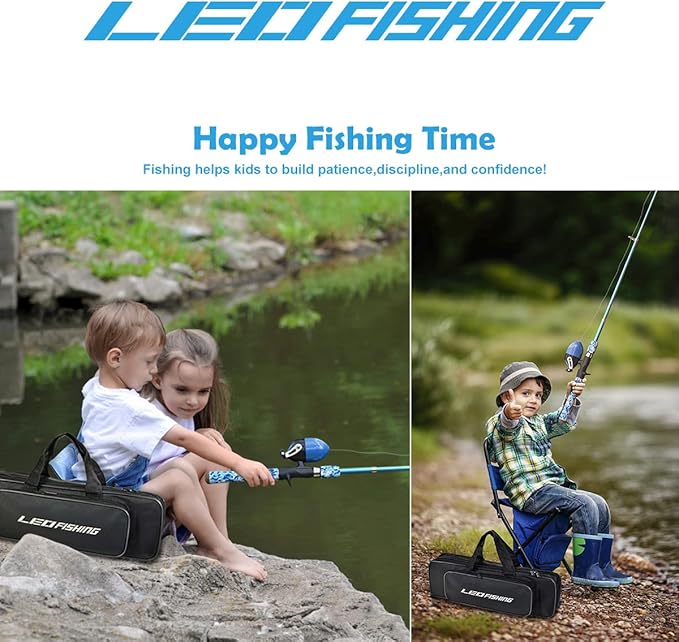 LEOFISHING Kids Fishing Pole Set with Full Starter Kits Portable Telescopic Fishing Rod and Spincast Reel with a Fishing Net and Bucket for Boys Girls and Youth