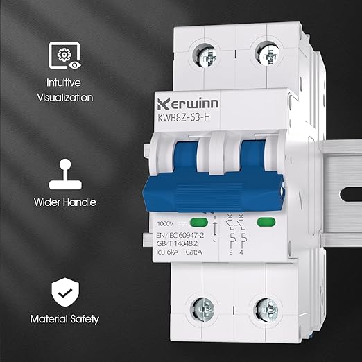 Miniature Circuit Breaker 1000V DC Circuit Breaker 2 Pole 10Amp Smart Circuit Breaker,DC Disconnect Switch DIN Rail Mount for Marine Power Systems, Solar photovoltaic Systems (C10A)