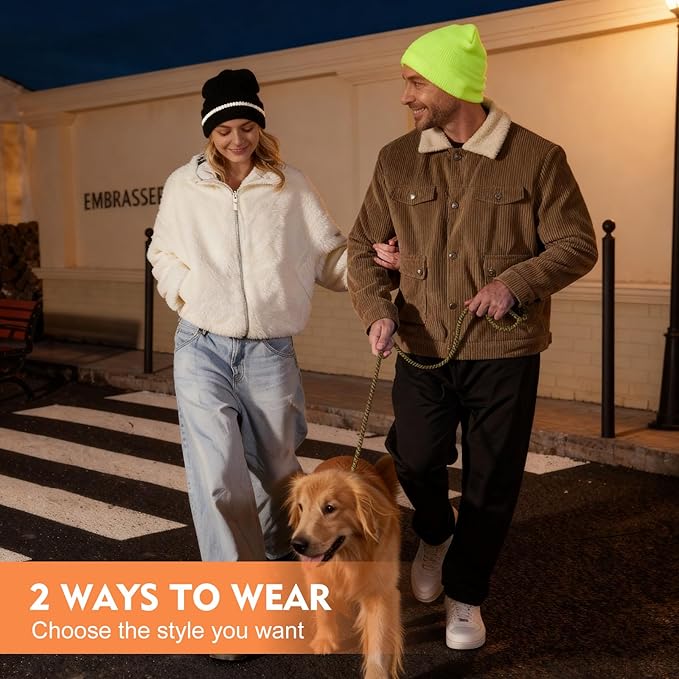 MELASA Fleece Lined Warm Winter Hat, High Visible Reflective Strip Knit Cuffed Beanie Safety Hat for Outdoor Work Running