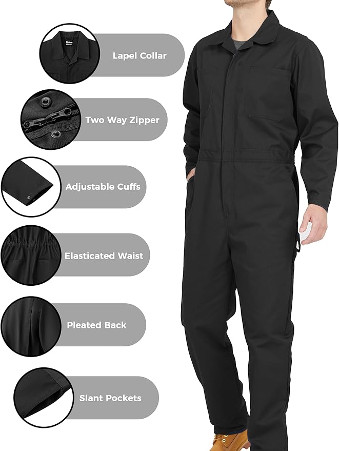 Ubon Long Sleeve Coveralls for Men, Zip Front Cotton Twill Work Coverall, Action Back Jumpsuit with Pockets
