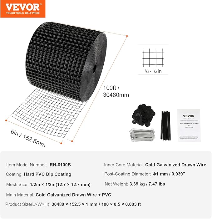 VEVOR Solar Panel Bird Guard 6inch x 98ft PVC Coated Mesh Roll Kit with 100pcs Fasteners, 50pcs Tie Wires,Critter Fence,Pigeon Proofing, Black