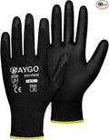 KAYGO Work Gloves for Men and Women,60 Pairs Seamless Knit PU Coated Safety Gloves, with Smooth Grip on Palm and Fingers, Ideal for Light Warehouse, Manufacturing, Gardening, KG11P (L, Black)