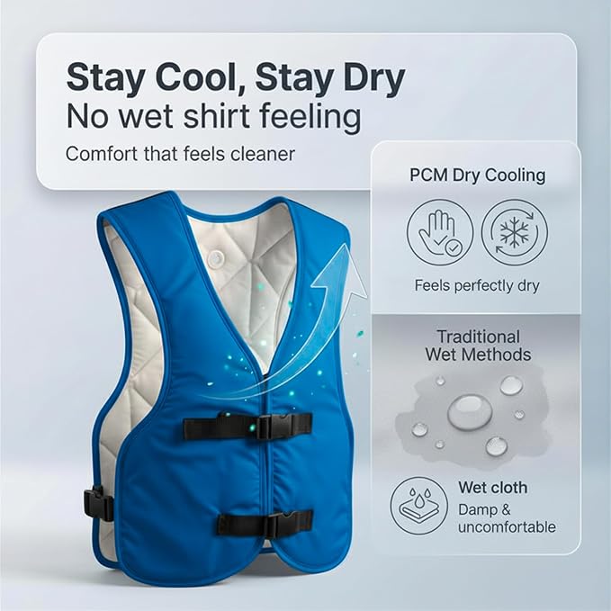 PCM Ice Vest for Men and Women - Adjustable Cooling Vest - Freezes in 30 Min - Special Phase Change Material (PCM) that Freezes Anywhere under 64Deg (Blue)