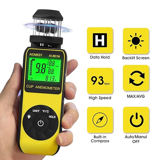 AIOMEST Handheld Wind Cup Anemometer with Direction, Digital Wind Speed Meter Gauge Measure 1.5~93MPH Air Flow Velocity, Wind Temp for Outdoor Hunting Shooting Drone Surfing HVAC - AI-881M