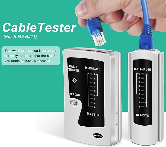 PETECHTOOL RJ45 Crimp Tool Pass Through Ethernet Crimping Tool Kit Cat6 Cat5e Cat6a RJ45 Crimper with Cable Tester, Cat6 Connectors with RJ45 Boot Covers, Mini Stripper, Blades and Cable Ties