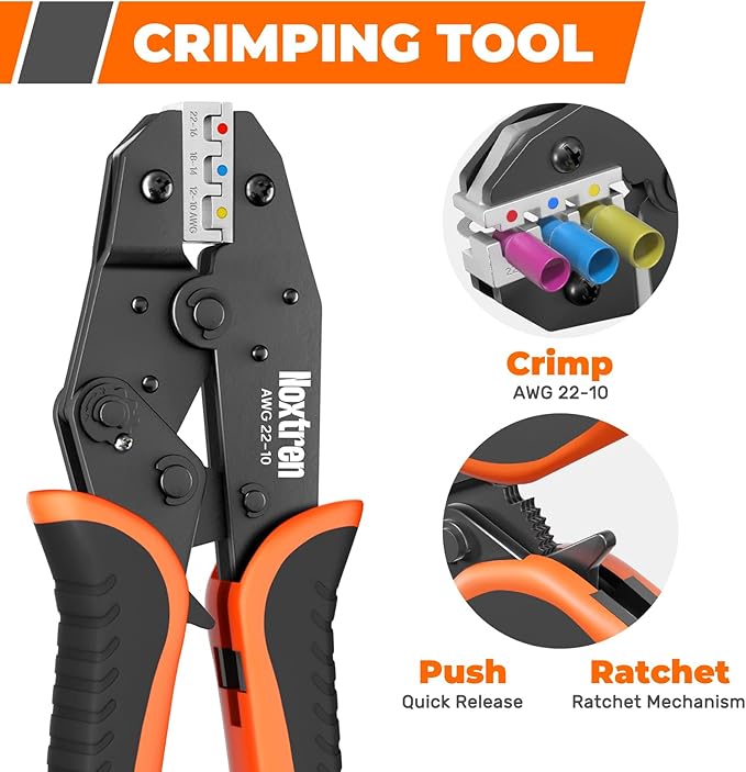 Wire Stripper and Crimping Tool, AWG 24-10 Self-Adjusting Stripper Tool with AWG 22-10 Ratcheting Wire Terminal Crimper for Heat Shrink Wire Connectors