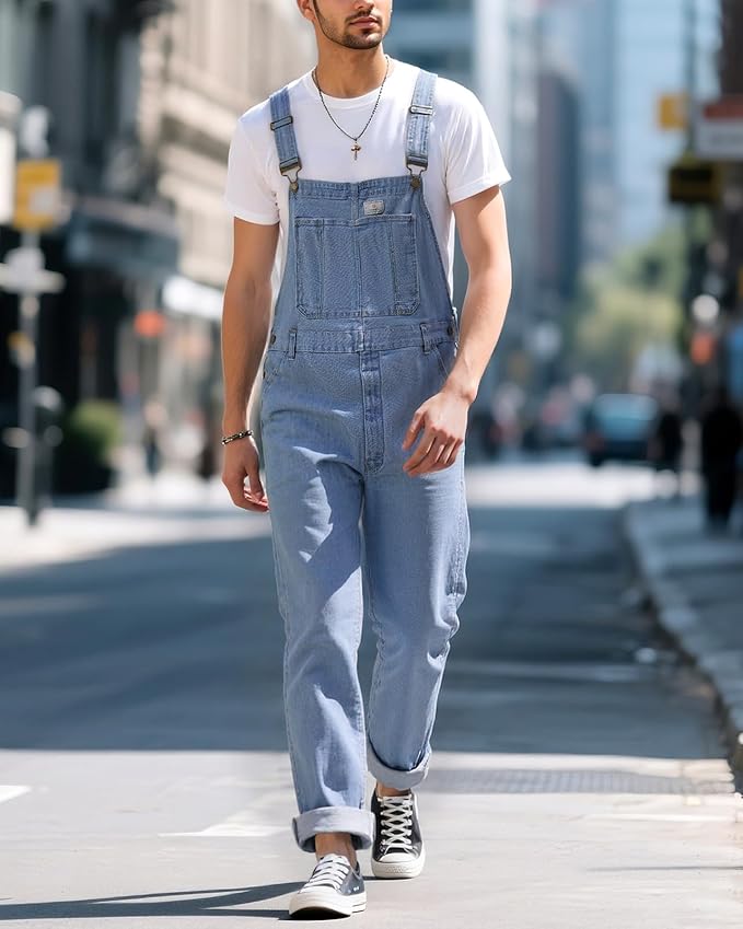 HISEA Flex Denim Bib Overalls for Men, Blue Jean Fashion Casual Overalls, Relaxed fit Utility Workwear with Pockets
