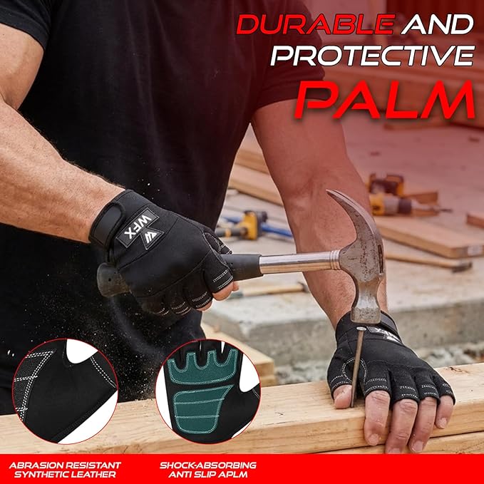 Tough Fingerless Performance Gloves Protection Work Gloves, Padded Palm, Half-Finger Non-Slip Working Men Women