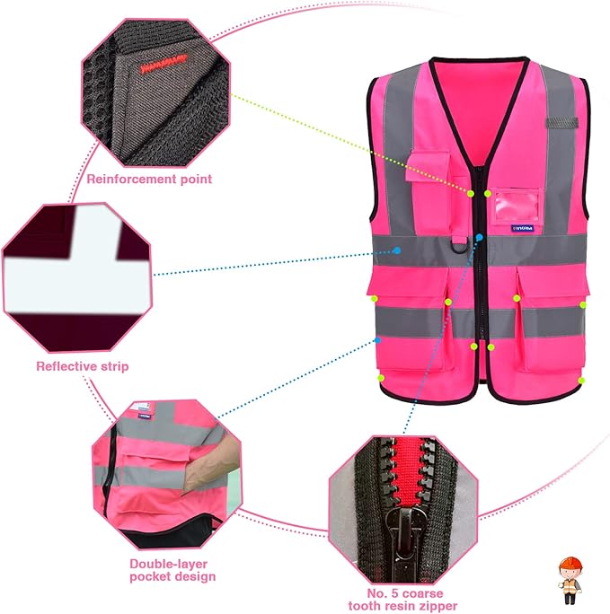 A-SAFETY Pink High Visibility Safety Vest with Reflective Strips, Multiple Colors Available,X-Large
