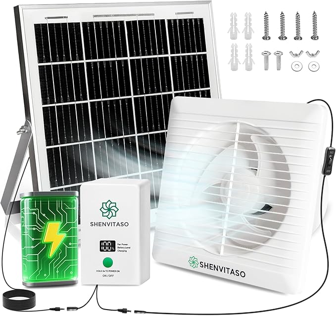 Solar Powered Exhaust Fan Kit, 25W 8" Ventilation Fan with 7500mAh Battery, 430CFM, IP44 Waterproof, for Chicken Coop, Greenhouse, Sheds, RV, Outdoor Cooling
