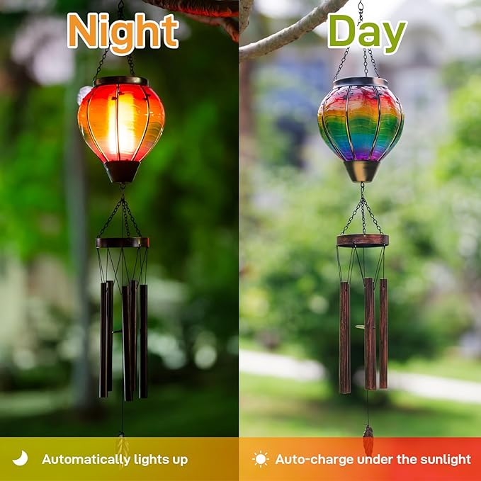 Wind Chimes for Outside Solar Wind Chimes Outdoor Hot Air Balloon Wind Chime with 5 Thicken Tubes & Hook Solars Lanterns Windchime Solar Lights Metal Windchimes for Mother Garden Yard Decor