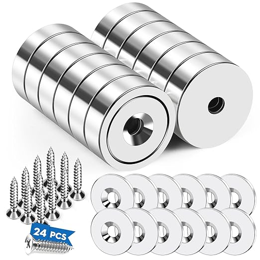 LOVIMAG 12pc Neodymium Rare Earth Magnets, Strong with Countersunk Hole & Iron Sheet, 20lbs Force Cabinet Magnets with Screws for Door & Mounting, 0.63x0.19inch