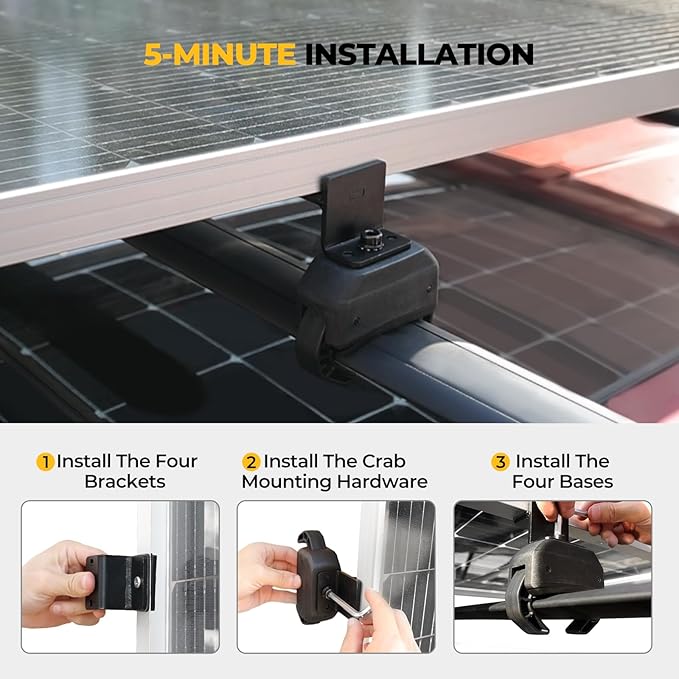 BougeRV Solar Panel Crab Mounting Kit for Cars with Cross Bars, Roof Rack Clamps Fits Most Luggage Rack Without Drilling, 100 to 200 Watt Solar Panel Mounting Brackets, Auto Off-Grid Solar Systems