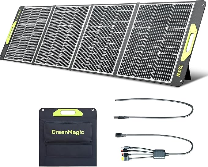 Greenmagic 120 Watt Portable Solar Panel, Foldable 120W Solar Panel Charger 19V for Power Station Outdoor Camping RV Home IP67 Waterproof with an Adjustable Kickstand Case High 23% Efficiency