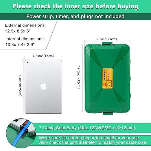NineLeaf IP54 Waterproof Electrical Box, Outdoor Weatherproof Plug Cover (12.5 x 8.5 x 5 inch),Extension Cord Cover for Outdoor Timer, Extension Cord, Power Strip, String Light, Green
