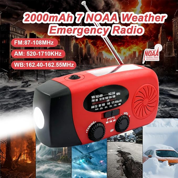 Emergency Hand Crank Radio, 2000mAh/7400mWh NOAA Weather Radio Battery Operated, Solar Radio Flashlight Cell Phone Charger, LED Reading Lamp, SOS Alarm for Home, Outdoor Emergencies