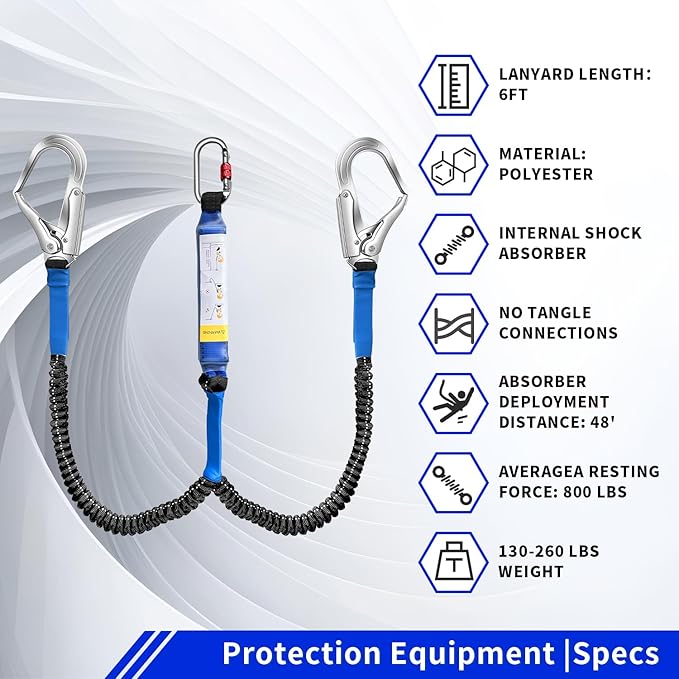 6ft Internal Shock Absorbing Safety Lanyard with Double Snap Hook Connectors, Fall Protection Equipment