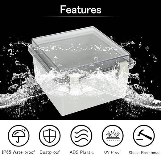 Junction Box IP65 Waterproof ABS Plastic Enclosure Hinged PC Clear Cover Electrical Project Box with Mounting Plate, Wall Brackets, Cable Glands 5.9" x 5.9" x 3.5"(150 * 150 * 90)