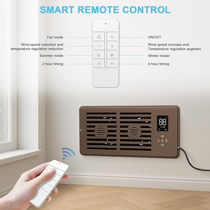 Register Booster Fan for 4" x 10" Vents Only, 10 Speeds to Control Cool and Warm Airflow, Air Conditioning Vents with LED Screen Remote & Thermostat Control, for Room Walls & Floors (Brown)