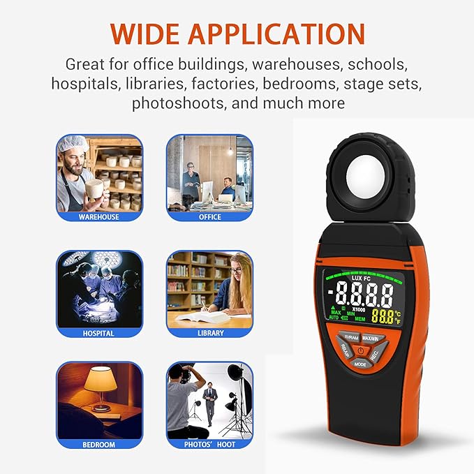 HOLDPEAK Light Meter, Digital Lux Meter 0.1-400,000 Lux, 270º Rotatable Detector, Large Color Backlit Display, Illuminance Meter Temp Luxmeter Lumen Meter for Photography 8801A