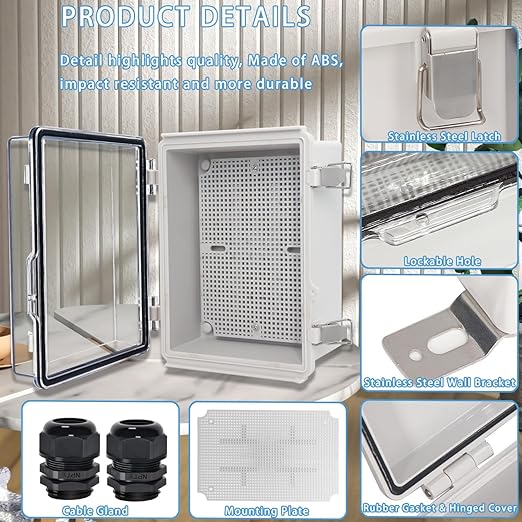 Zulkit Junction Box IP67 Waterproof Electrical Box Hinged Clear Cover Stainless Steel Latch Plastic Enclosure for Project w Mounting Plate Wall Bracket and 2 Cable Gland 8.7"x6.7"x4.3"/220x170x110mm