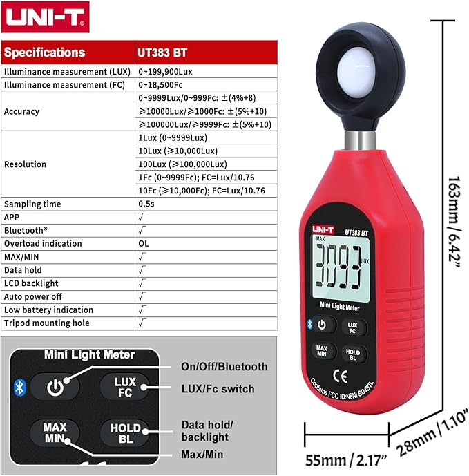 UNI-T UT383BT Digital Illuminance Light Meter Tester Lux Meter 0~199,900 Lux (0~18,500 FC) Foot Candles Luxmeter for Film Photography Plants Photometer Lighting Intensity Brightness Measurement