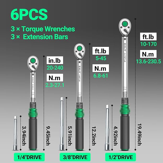 3-Piece Torque Wrench Set - 3 Click Wrenches (1/4", 3/8", 1/2") with 3pc Extension Bars, Pro 72-Tooth Ratchet, ±3% Accuracy, for Automotive, Motorcycle & E-Bike