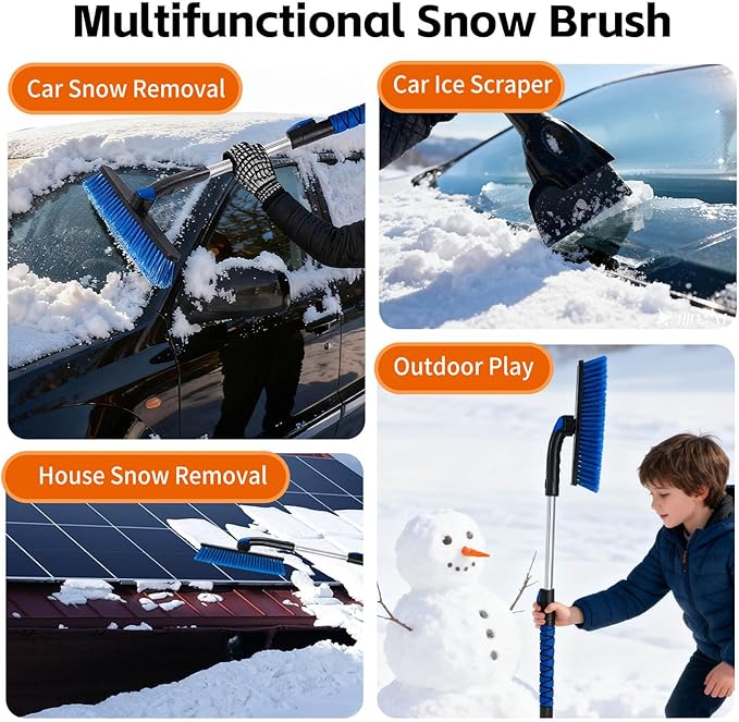 Car Snow Brush and Ice Scraper, Ice Scrapers for Car Windshield, Extendable Snow Brush for Car with Ergonomic Foam Grip and 360° Pivoting Brush Head for Car