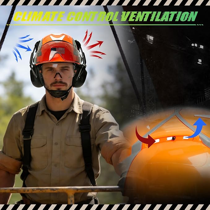 Hard Hat with Dual Visor and Hearing Protection-OSHA Approved Construction Hard Hats with Visor Sunglasses Earmuffs for Men,Vented Forestry Chainsaw Arborist Helmet with Chin Straps