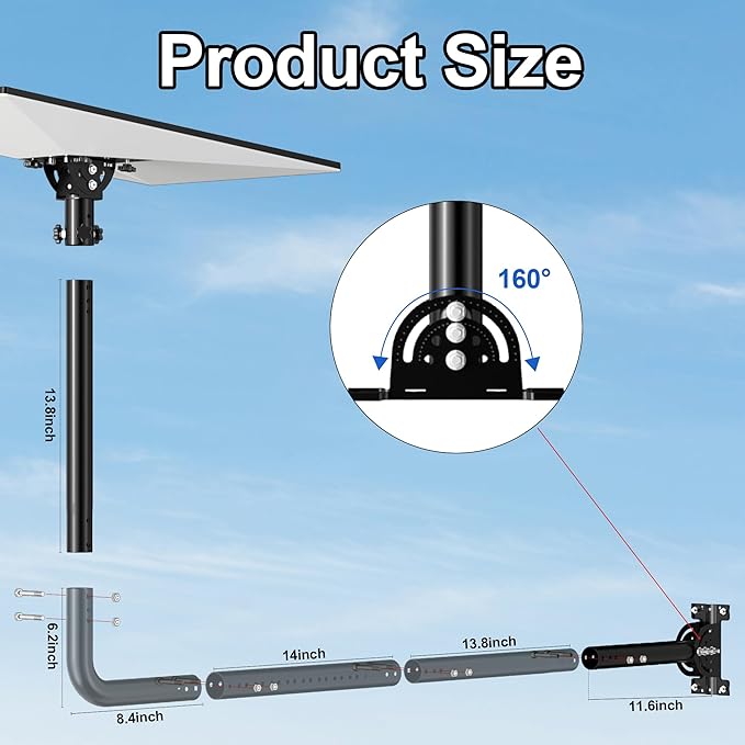 Starlink Gen 3 Long Wall Mount, Include Aluminum Alloy Gen 3 Pipe Adapter, Adjustable Tilt 160 Degree for Better Signal, Starlink Internet Kit Satellite Pole Mounting Kit