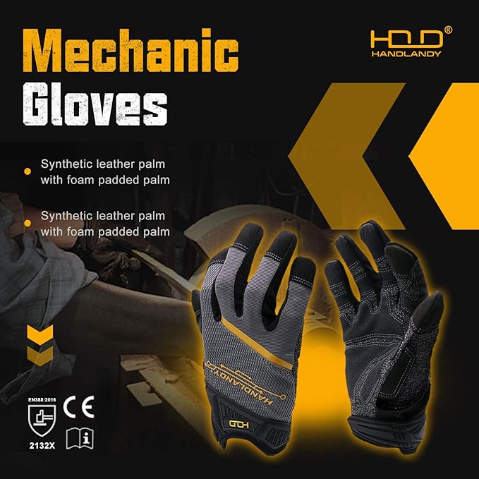 HANDLANDY Mens Work Gloves Touch screen, Utility Mechanic Gloves, Flexible Breathable Fit- Padded Knuckles & Palm