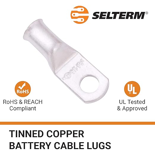 SELTERM 10pcs 4 AWG-1/4" Stud Tinned Copper Wire Lugs, Heavy Duty Battery Cable Ends,4 Guage Ring Terminals, UL Battery Lugs Marine Grade Copper Eyelets Electrical Battery Terminal Connectors