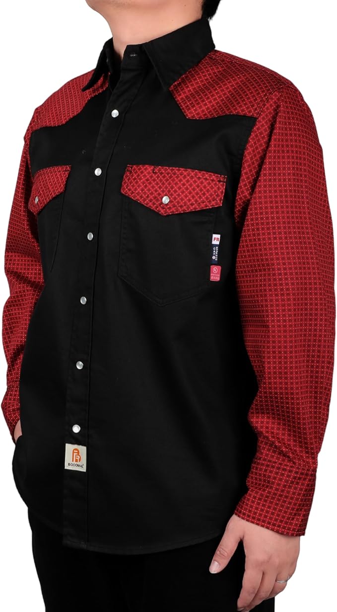 BOCOMAL FR Shirts Pearl Snaps Two Tone Plaid/Solid Flame Resistant Cotton Welding Shirt NFPA 2112 CAT 2