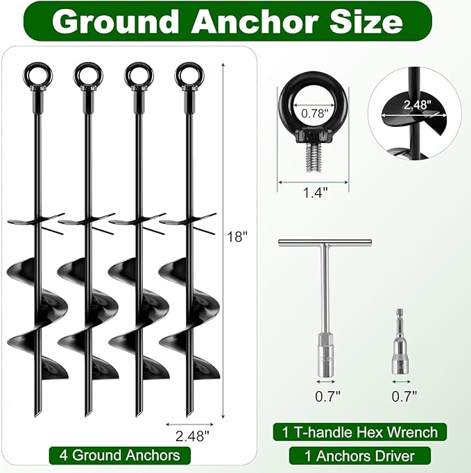 Ground Anchors Screw in Kit, 18 Inch Spiral Trampoline Anchors with Reinforced Blade, Ground Stakes High Wind Heavy Duty for Camping Tent Swing Set Carport Shed Mobile Home Dog Tie Out, 4 Pack