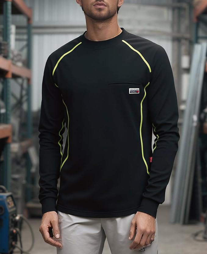 TICOMELA FR T-Shirt, Flame Resistant, Stretch Fit, Hidden Pocket, 6oz Crew Neck Work Shirt for Men 100% Cotton